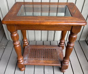 Small Glass Top Oak End Table.