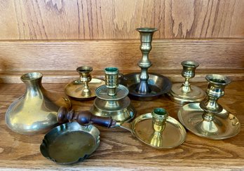 Lot Of 8 Brass Pieces Short Candlesticks, Vase