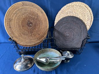 2 Metal Baskets, 10 Weave Place Mats, Silverplate Items, Flatware, Brass Bowl.