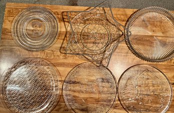 6 Large Platter, 2 Are Christmas Themed And A Wire Star Basket.