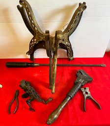Tools, Cast Iron Stands By Eclipse, Hand Powered Grinder Can Of Nut Bolts Etc