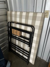 Small Kids Bed With White Beige Plaid Headboard