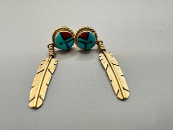 14k Zuni Face Feather Earrings