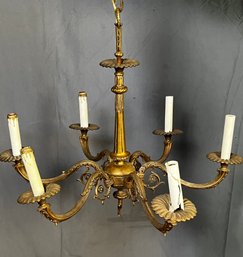 Gold 6 Arm Chandelier With Ornate Chain.