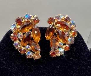 Beautiful Brown/blue Rhinestone Clip Earrings