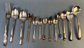 Lot Of 12 Spoons & One Fork Some Silver Plate Others Stainless.