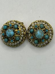 Antique Clip On Earrings Turquoise With Small Pearls