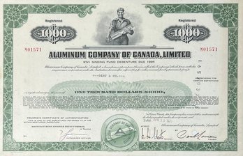 Aluminum Company Of Canada Limited 1000 Dollar Registered Certificate Framed