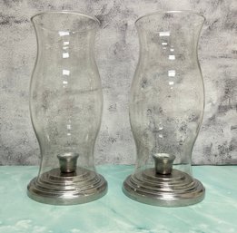 Pair Of Pewter Base Hurricane Candle Holders