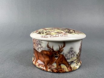 Newhall English Bone China Covered Trinket Box With White Tailed Deer.