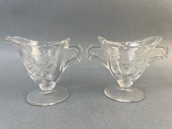 Etched Glass Cream And Sugar Containers.
