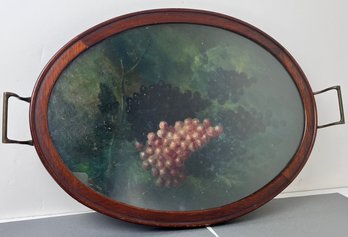 Painted Wood Tray Serving Tray With Brass Handles And Glass Cover.