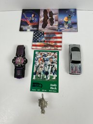 4 Fridge Magnets, Hemi Cuda Hot Wheels, Scooby Doo Watch, Seahawks Card And A Cat On A Birdhouse.