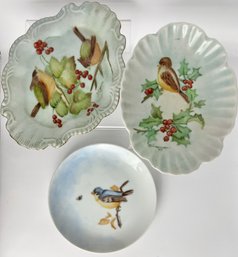 Vintage 70s Signed Adrienne Floral Birds Bowl Plate Dish Set