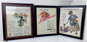 2 Vintage Framed Magazine Advertisements And 1 1928 Needlepoint Magazine Cover.