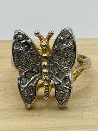 Gold Tone Ring With Rhinestone Butterfly - Size 8