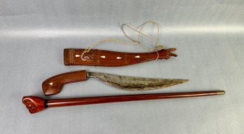 Knife With Wood Sheath And Wood Cane With Closed Fist