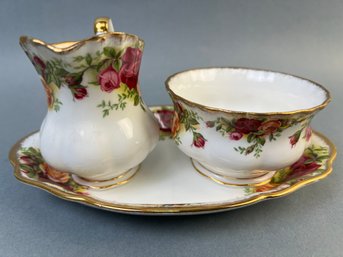 Royal Albert Old Country Roses Cream And Sugar Servers With Plate.