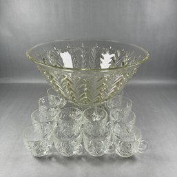 Crystal Punch Bowl With Pedestal And 12 Cups