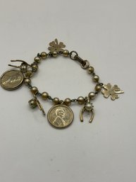 Vintage Lucky Silver Tone Pearl Bracelet With Charms
