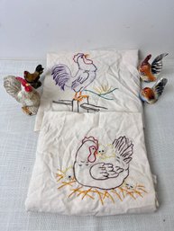 2 Chicken Kitchen Towels And 4 Chicken Figurines.