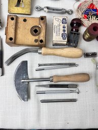 Lot Of Leatherworking Tools, Leather, Brass Stencils And Various Hardware.