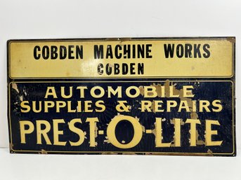 Cobden Machine Works Prest-o-lite Metal Sign. NOS.