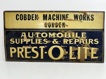 Vintage Prest-o-lite Metal Sign From Cobden Machine Works. NOS.