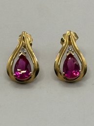 10k Gold Pierced Earrings With Pink Stones