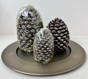 3 Christmas Pine Cone Candles With Plate.