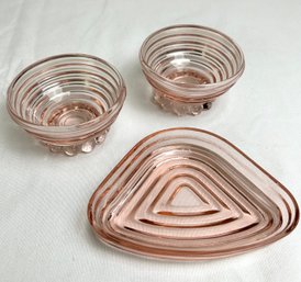 Vintage Anchor Hocking Manhattan Pink Snack Tray  Creamer Bowls