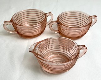 Anchor Hocking Manhattan Pink Ribbed Cream And Sugar Dish Set