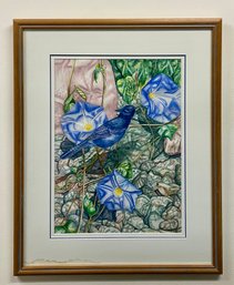 Original Susan LeBow Framed Watercolor - Bird With Morning Glory