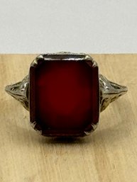 10k White Gold Filagree Ring With Square Red Stone