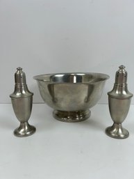 Empire Pewter Salt And Pepper Shakers And A International Pewter Bowl.