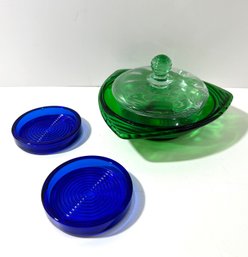 Vintage Anchor Hocking Glass Green Candy Bowl With Lid   Coasters