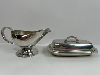 Silver Tone Gravy Boat And Butter Dish With Removable Glass Liner.