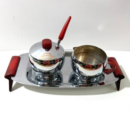 Glo Hill Mcm Chrome Cream And Sugar With Tray Bakelite