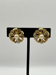 Crown Trifari Glodtone And Faux Pearl Clip Earrings