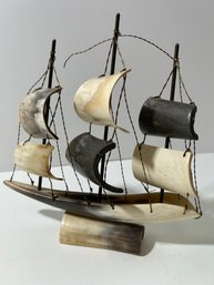 Mid-century Handcrafted Horn Ship Sculpture