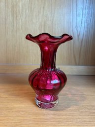 Handblown Fluted Top Cranberry Vase