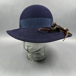 Ladies Navy Wool Felt Hat With Side Feather