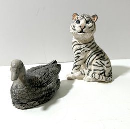 Vintage Stone Critters White Tiger  Volcanic Ash Duck Sculpture