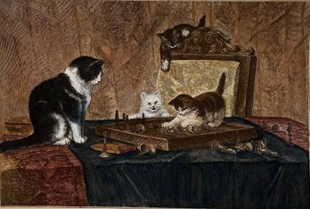 Vintage The She-cat And Her Kittens Lithograph Artwork