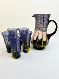 Antique Czechoslovakia Kralik Art Glass Pitcher And Glasses Set