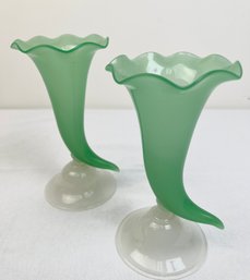 Vintage Green Cornucopia Pair Of Art Glass Vases