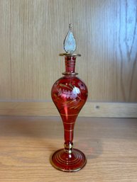 Bohemian Cranberry Glass Etched And Painted Perfume Bottle