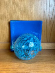 Blue And Clear Art Glass Blown Globe & Art Glass Square Plate