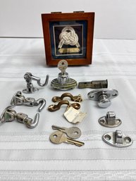 Vintage Boat Clips In Wood Shadow Box With Double Carrick Bend Knot.