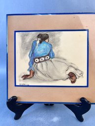 Signed R C Gorman Drawing Of A Woman On A Decorative Tile.